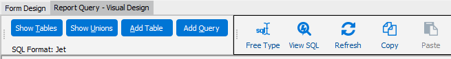 The location of the copy and paste selections in the Build Query dialog box. The toolbar is to the right of the tables, unions, and subquery buttons.